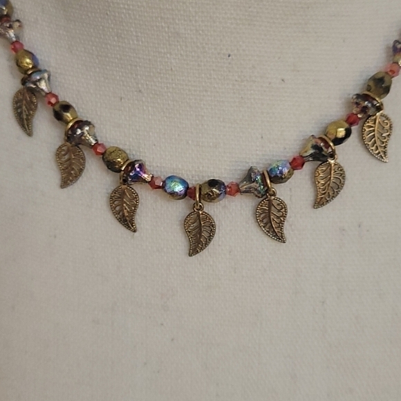 Handmade Etched Czech Glass Red Swarovski Crystal Beaded Leaf Holiday Necklace - Picture 2 of 9